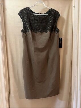 Jones New York Embroidered Neck Sheath Dress Taupe Size 12 NWT Chic Fitted